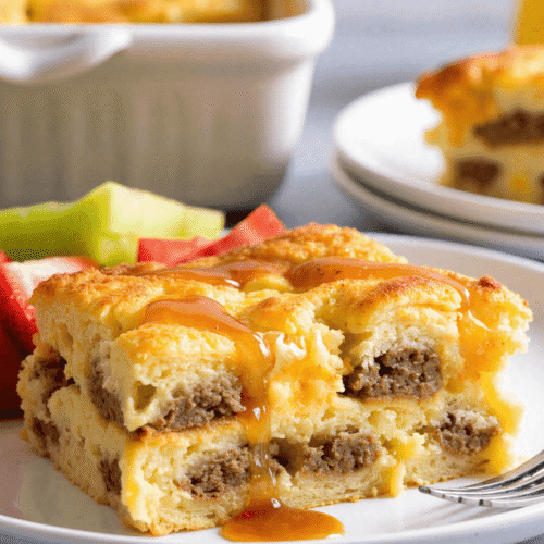 Golden-baked pancake sausage casserole slice on a white plate, drizzled with maple syrup and layered with savory ground sausage and fluffy custard.