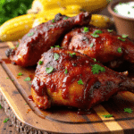 Sweet and smoky BBQ chicken thighs with sticky barbecue glaze and chopped parsley on a rustic wood board, served alongside grilled corn and creamy dip