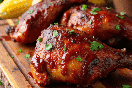 Sweet and smoky BBQ chicken thighs with sticky barbecue glaze and chopped parsley on a rustic wood board, served alongside grilled corn and creamy dip