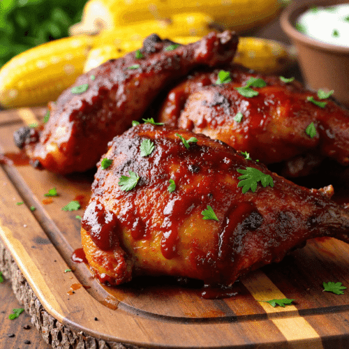 Sweet and smoky BBQ chicken thighs with sticky barbecue glaze and chopped parsley on a rustic wood board, served alongside grilled corn and creamy dip