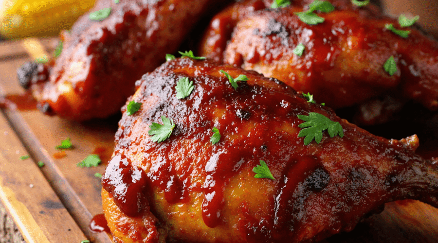 Sweet and smoky BBQ chicken thighs with sticky barbecue glaze and chopped parsley on a rustic wood board, served alongside grilled corn and creamy dip