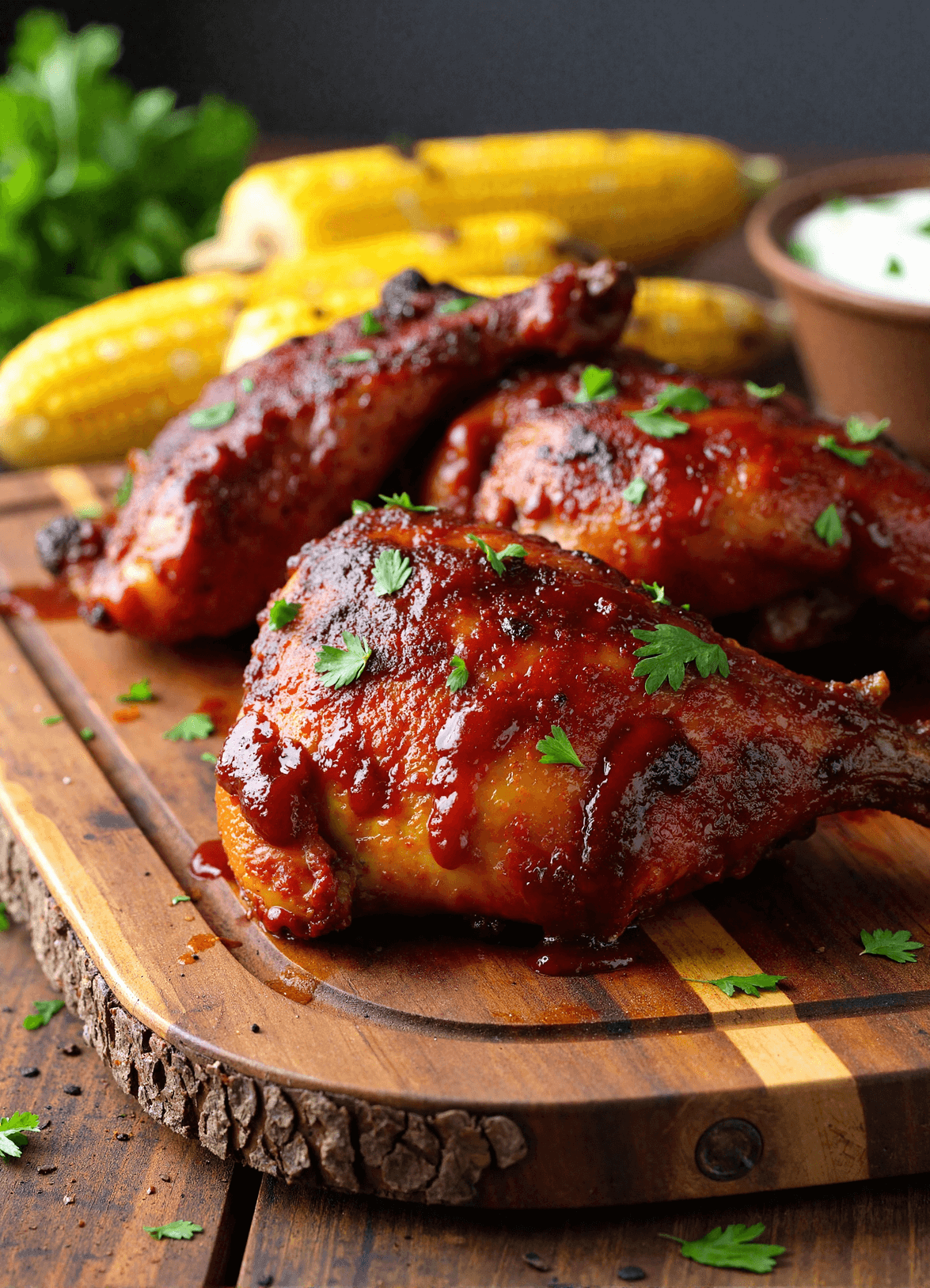 Sweet and smoky BBQ chicken thighs with sticky barbecue glaze and chopped parsley on a rustic wood board, served alongside grilled corn and creamy dip