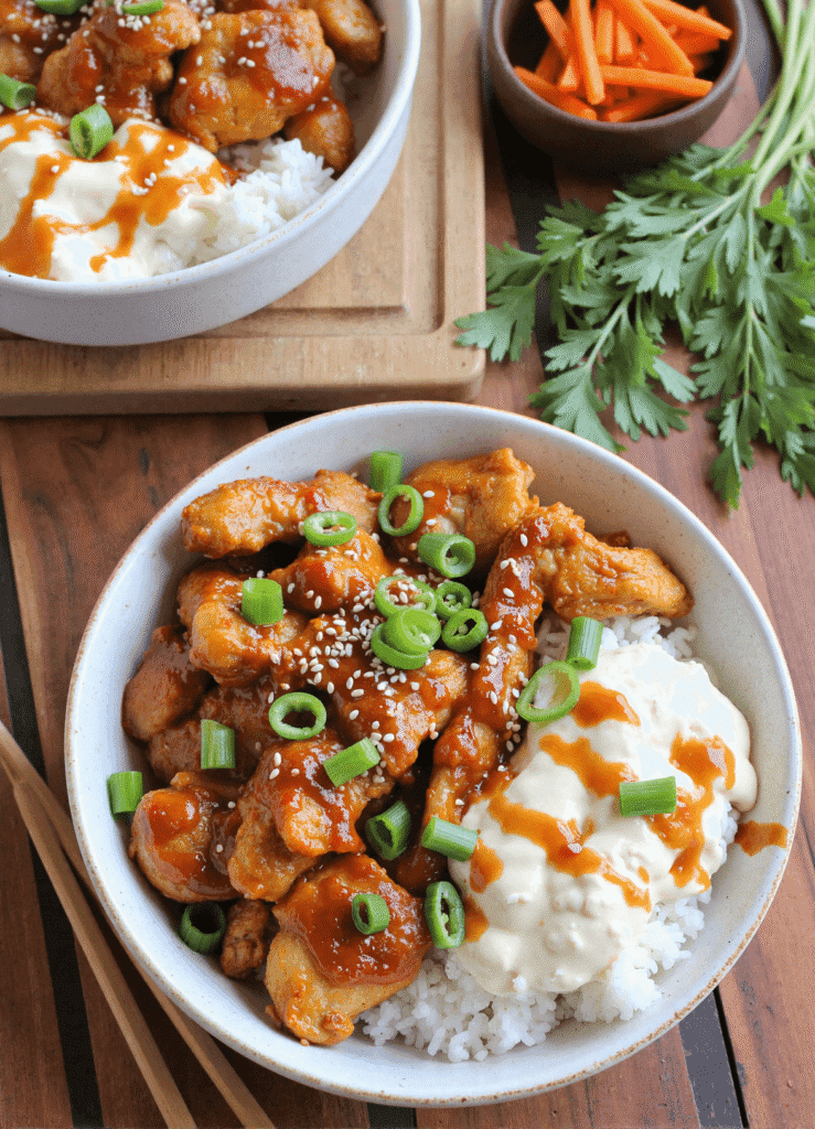 Sweet and spicy chicken with green onions and creamy yum yum sauce over white rice in a ceramic bowl.