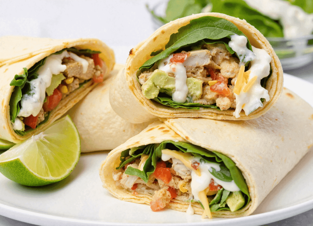 Chicken avocado ranch burrito halves filled with shredded chicken, avocado chunks, spinach, diced tomatoes, corn, and ranch dressing, served with lime wedges.