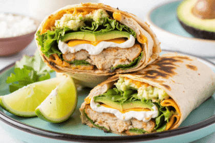 Toasted chicken avocado ranch burrito cut in half with layers of grilled chicken, cheddar, avocado, lettuce, and ranch, served with lime wedges on a turquoise plate.