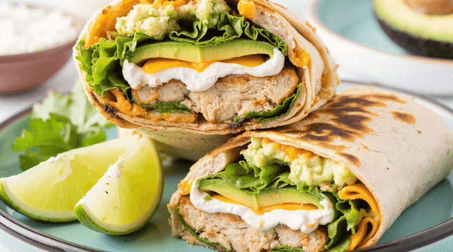 Toasted chicken avocado ranch burrito cut in half with layers of grilled chicken, cheddar, avocado, lettuce, and ranch, served with lime wedges on a turquoise plate.