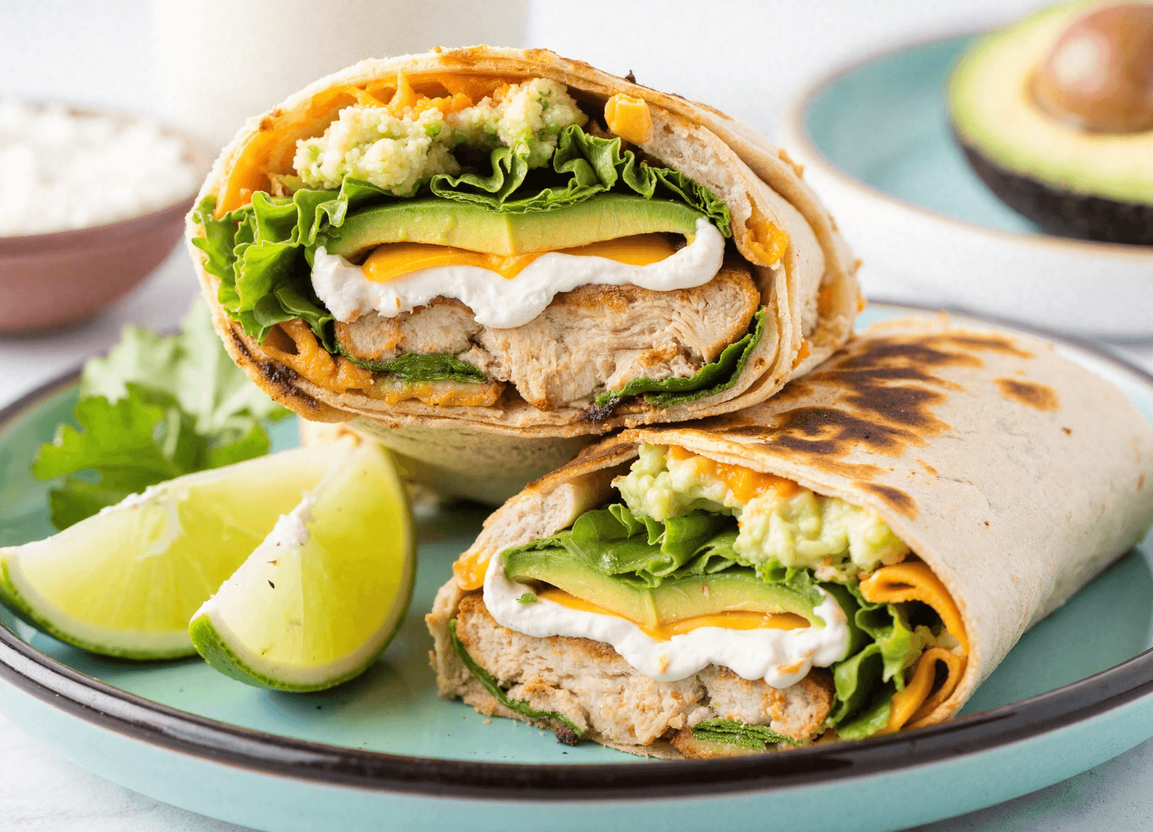 Toasted chicken avocado ranch burrito cut in half with layers of grilled chicken, cheddar, avocado, lettuce, and ranch, served with lime wedges on a turquoise plate.