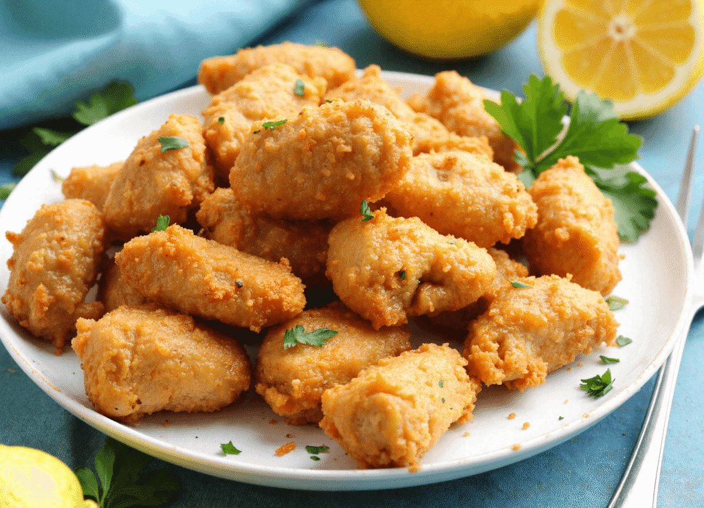 Golden-brown lemon chicken bites on a white plate, garnished with fresh parsley and surrounded by lemon halves.