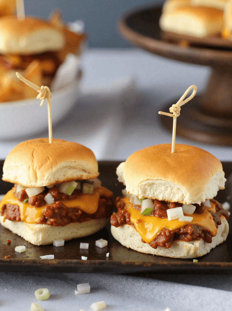 Mini baked chili cheese dog sliders on a black tray with melty cheddar, diced onions, and fluffy slider buns.