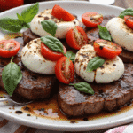 Juicy grilled steak slices topped with fresh mozzarella, cherry tomatoes, and basil, drizzled with balsamic glaze on a white plate.