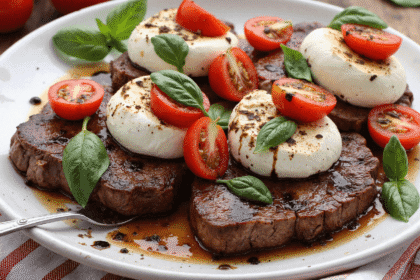 Juicy grilled steak slices topped with fresh mozzarella, cherry tomatoes, and basil, drizzled with balsamic glaze on a white plate.
