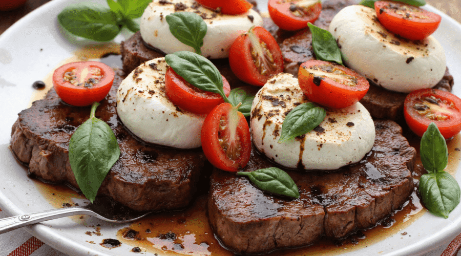 Juicy grilled steak slices topped with fresh mozzarella, cherry tomatoes, and basil, drizzled with balsamic glaze on a white plate.