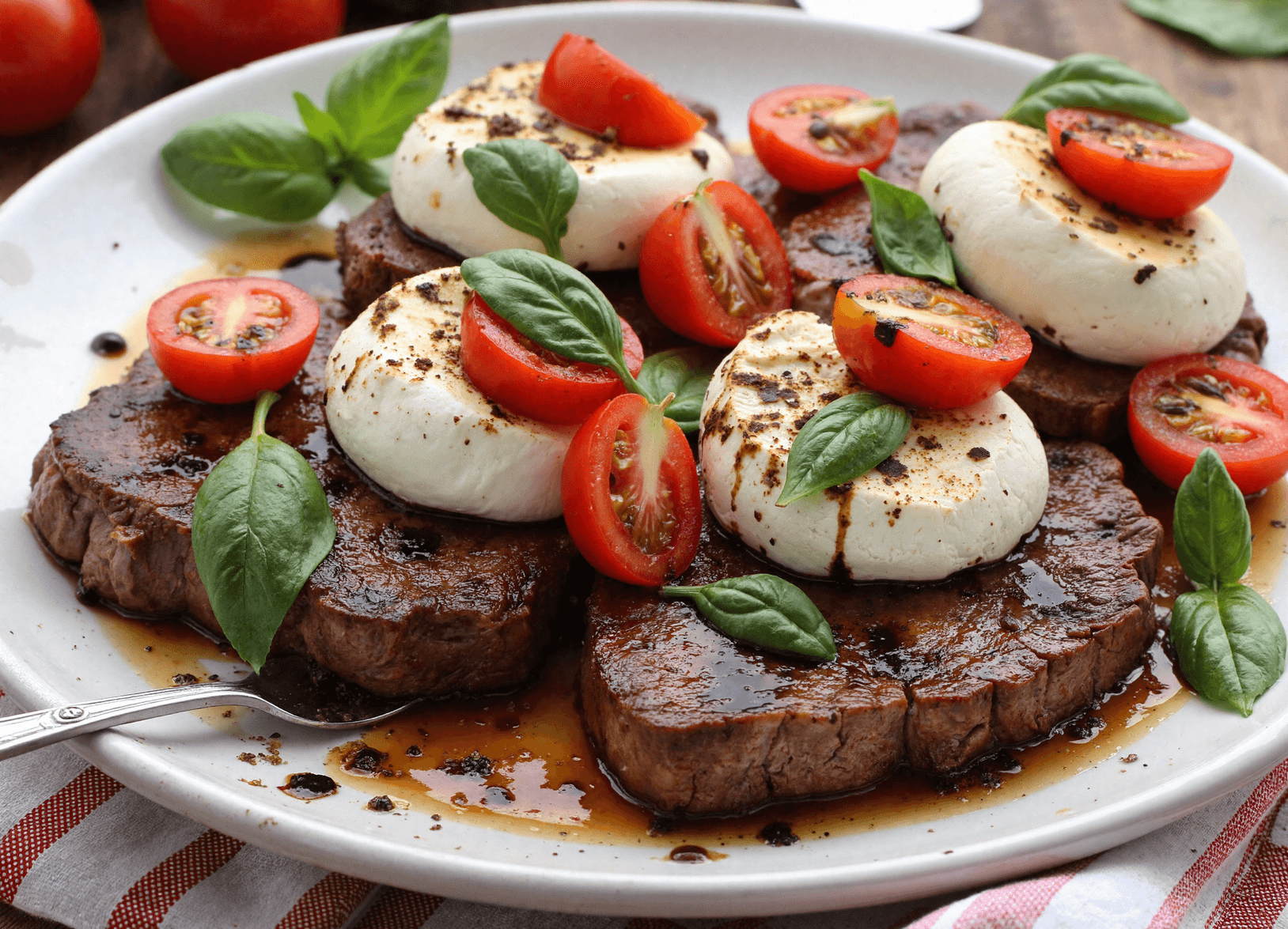 Juicy grilled steak slices topped with fresh mozzarella, cherry tomatoes, and basil, drizzled with balsamic glaze on a white plate.