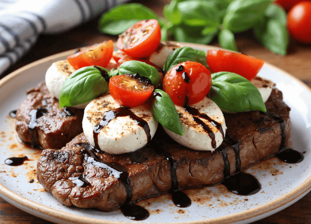 Grilled steak fillet topped with mozzarella, cherry tomatoes, fresh basil, and a generous drizzle of balsamic glaze.