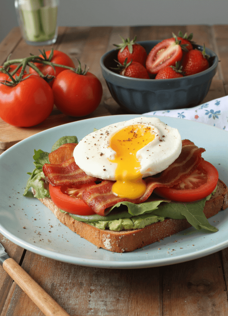 Open-faced BLT avocado toast topped with crispy bacon, fresh tomatoes, leafy greens, and a poached egg with a runny yolk.