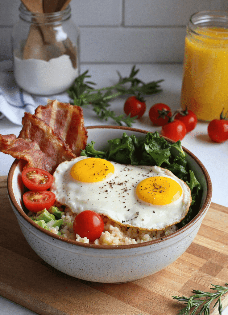 BLT-inspired breakfast bowl with sunny-side-up eggs, crispy bacon, fresh greens, and cherry tomatoes in a rustic ceramic bowl.