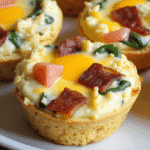 Close-up front view of high-protein BLT egg muffins featuring crispy bacon, spinach, tomatoes, and perfectly runny yolks in a golden muffin base.