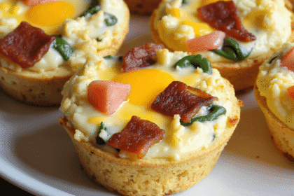 Close-up front view of high-protein BLT egg muffins featuring crispy bacon, spinach, tomatoes, and perfectly runny yolks in a golden muffin base.