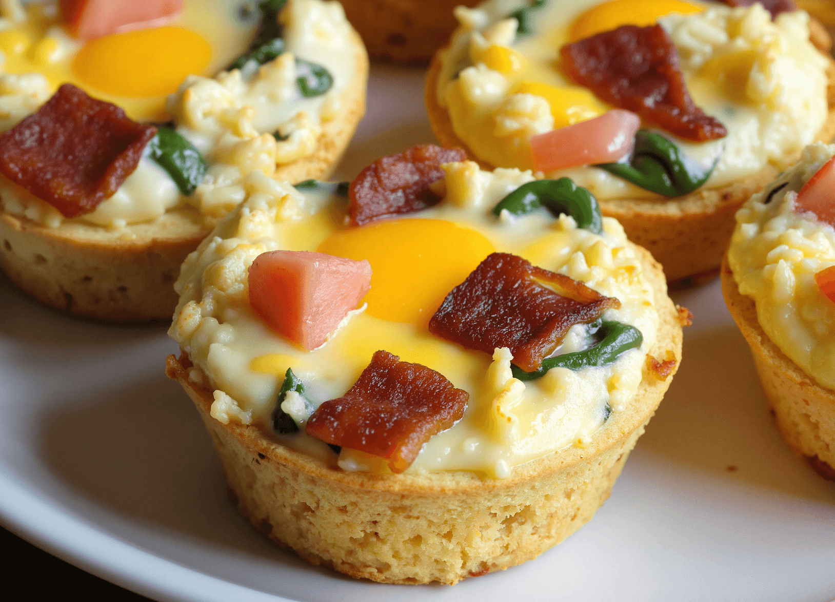 Close-up front view of high-protein BLT egg muffins featuring crispy bacon, spinach, tomatoes, and perfectly runny yolks in a golden muffin base.