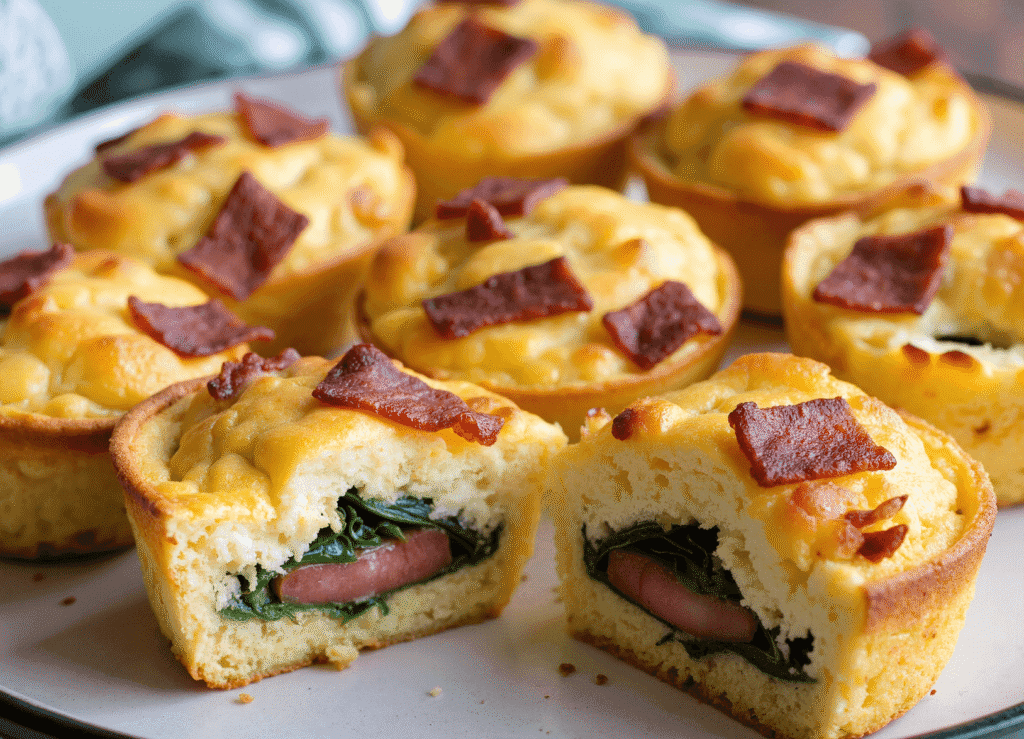 Front view of sliced BLT egg muffins showing cheesy tops and cross-section filled with spinach, tomato, and bacon.