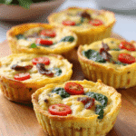 Close-up of mini BLT frittata muffins on a wooden board topped with spinach, tomatoes, and bacon pieces.