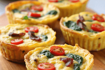 Close-up of mini BLT frittata muffins on a wooden board topped with spinach, tomatoes, and bacon pieces.