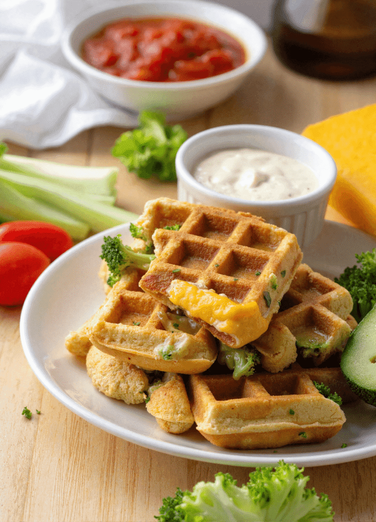 Plate of broccoli cheese waffles served with ranch and marinara dips, surrounded by fresh veggies and cheddar cheese.