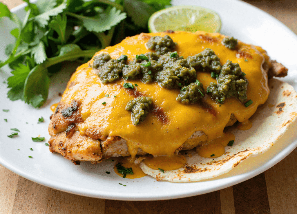 Grilled chicken breast topped with melted cheddar cheese and chunky salsa verde on a white plate with fresh cilantro and lime.