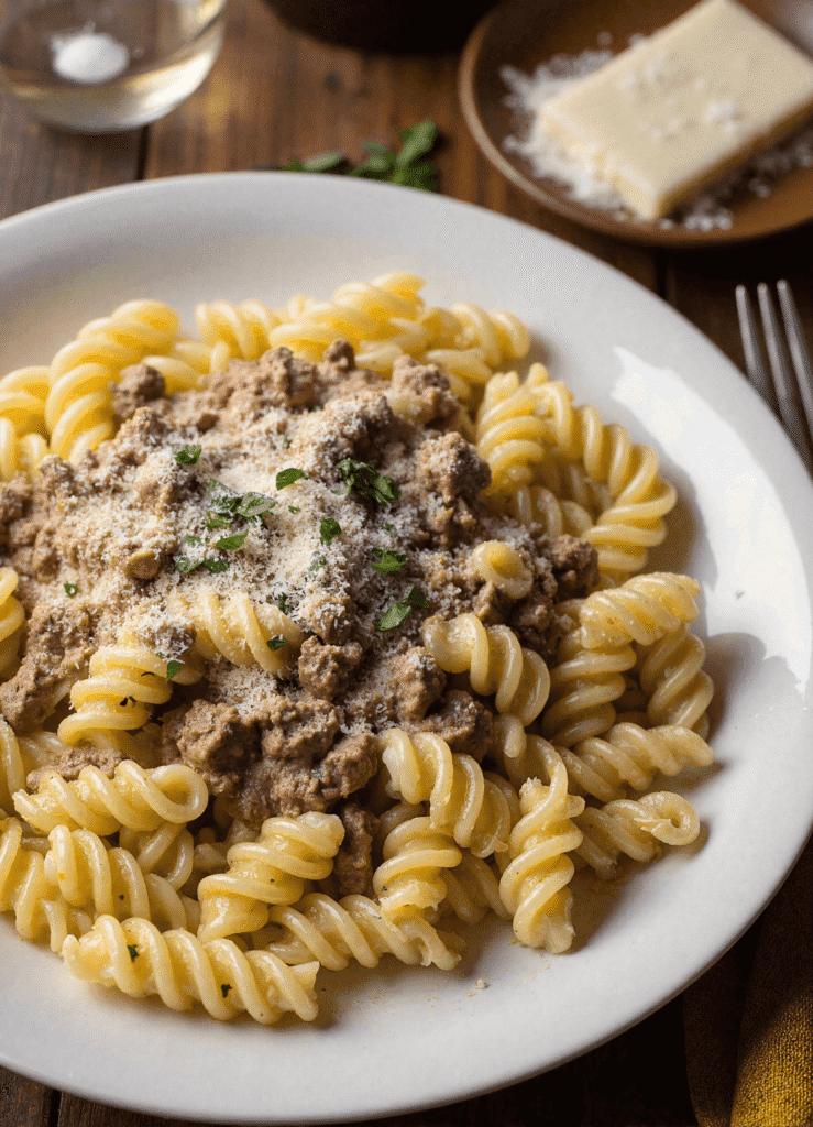 Creamy beef and garlic butter pasta with rotini, topped with parmesan and parsley on a white plate.