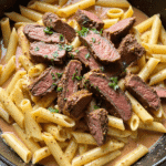 Juicy sliced steak over penne pasta in a creamy garlic sauce, garnished with fresh herbs and red chili flakes.