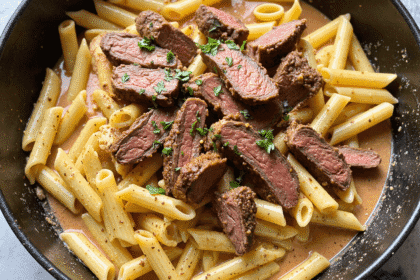 Juicy sliced steak over penne pasta in a creamy garlic sauce, garnished with fresh herbs and red chili flakes.