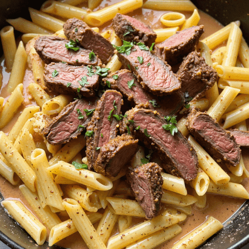 Juicy sliced steak over penne pasta in a creamy garlic sauce, garnished with fresh herbs and red chili flakes.