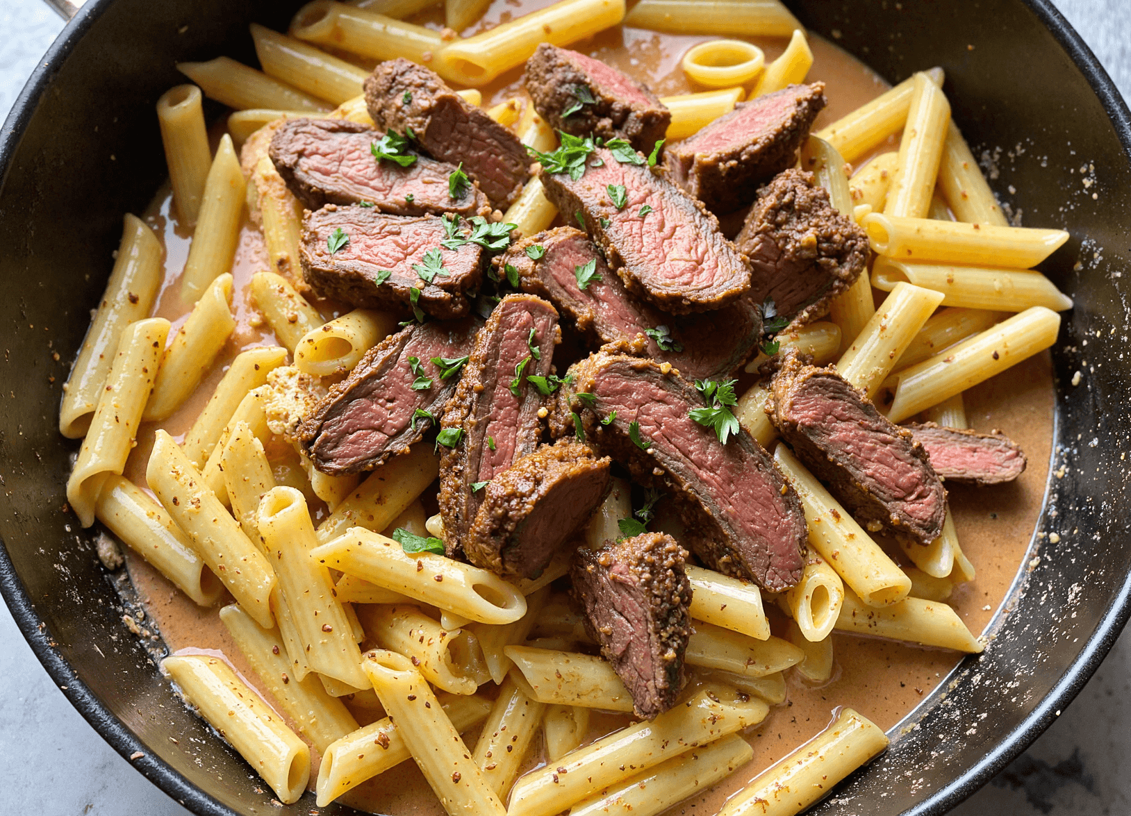Juicy sliced steak over penne pasta in a creamy garlic sauce, garnished with fresh herbs and red chili flakes.