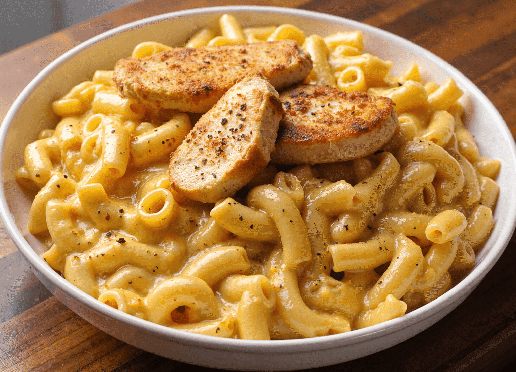 Creamy honey pepper chicken mac and cheese in a white bowl, topped with golden-brown grilled chicken slices and finished with cracked black pepper.