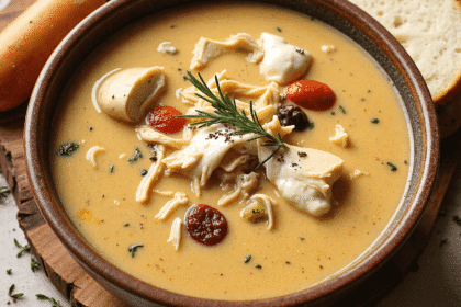 A bowl of Marry Me Chicken Soup with melted mozzarella, shredded chicken, and sun-dried tomatoes in a rich golden broth.