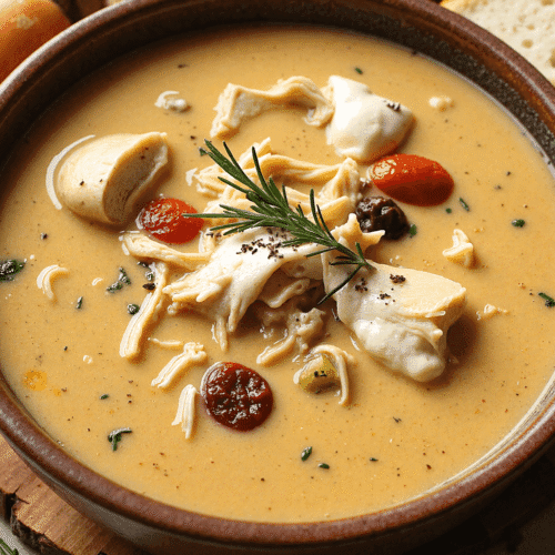 A bowl of Marry Me Chicken Soup with melted mozzarella, shredded chicken, and sun-dried tomatoes in a rich golden broth.