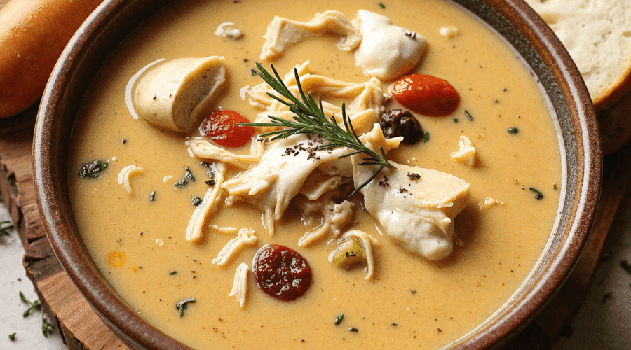 A bowl of Marry Me Chicken Soup with melted mozzarella, shredded chicken, and sun-dried tomatoes in a rich golden broth.