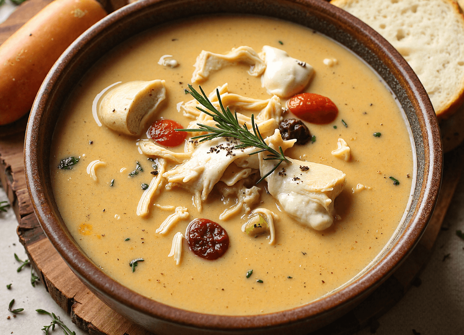 A bowl of Marry Me Chicken Soup with melted mozzarella, shredded chicken, and sun-dried tomatoes in a rich golden broth.