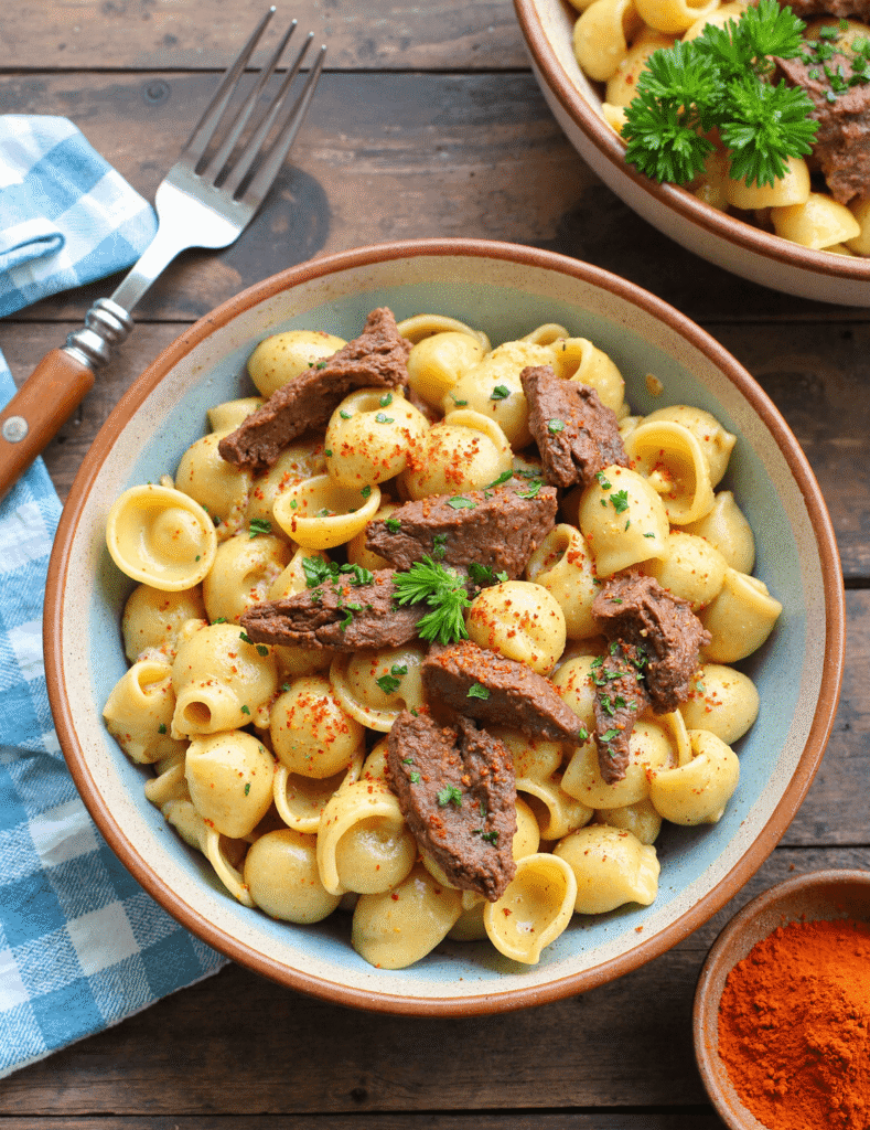 Overhead view of steak shell pasta topped with smoked paprika and fresh parsley in rustic bowls.