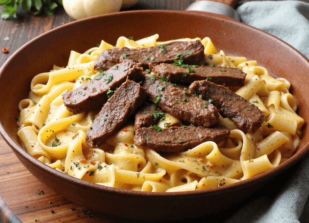 Slices of garlic butter steak served over creamy pappardelle pasta in a rustic brown bowl, topped with herbs.