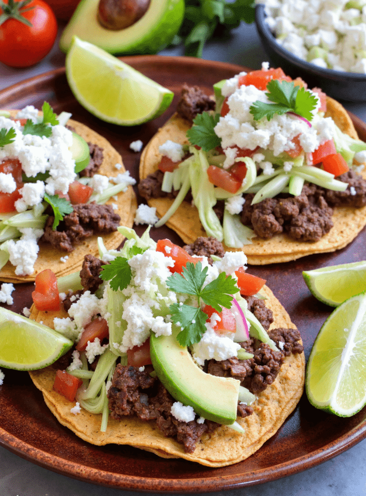 Crispy tostadas layered with seasoned ground beef, shredded lettuce, tomatoes, avocado, red onion, and crumbled queso fresco.
