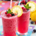 Tall glasses of frozen berry lemonade punch topped with raspberries, blueberries, lemon wheels, and fresh mint on a bright table.