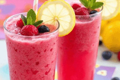 Tall glasses of frozen berry lemonade punch topped with raspberries, blueberries, lemon wheels, and fresh mint on a bright table.