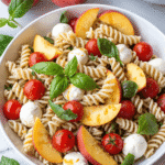 Overhead view of fruit Caprese pasta salad with sliced peaches, cherry tomatoes, mozzarella pearls, and fresh basil in a white serving bowl.
