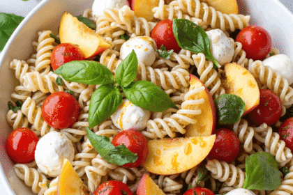 Overhead view of fruit Caprese pasta salad with sliced peaches, cherry tomatoes, mozzarella pearls, and fresh basil in a white serving bowl.