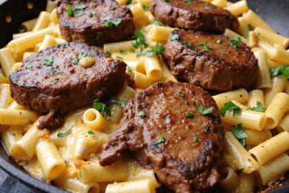 Seared garlic butter steak tips on cheesy rigatoni pasta, garnished with fresh parsley in a black skillet.