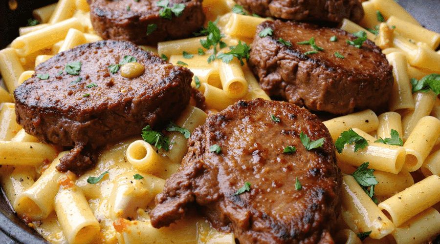 Seared garlic butter steak tips on cheesy rigatoni pasta, garnished with fresh parsley in a black skillet.