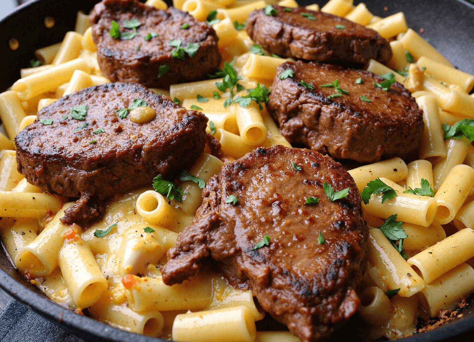 Seared garlic butter steak tips on cheesy rigatoni pasta, garnished with fresh parsley in a black skillet.