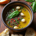 Rustic bowl of garlic herb bread dipping oil with whole garlic cloves, peppercorns, basil, and crusty bread on the side.