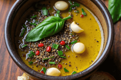 Rustic bowl of garlic herb bread dipping oil with whole garlic cloves, peppercorns, basil, and crusty bread on the side.